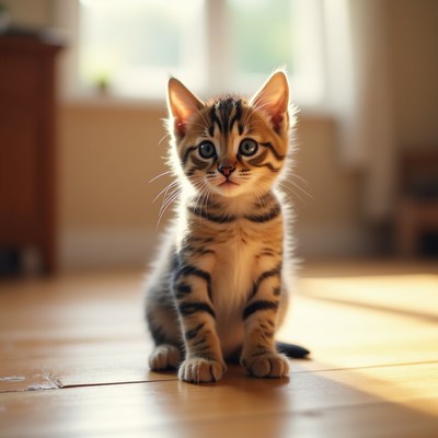 Cute tabby kitten sitting on floor