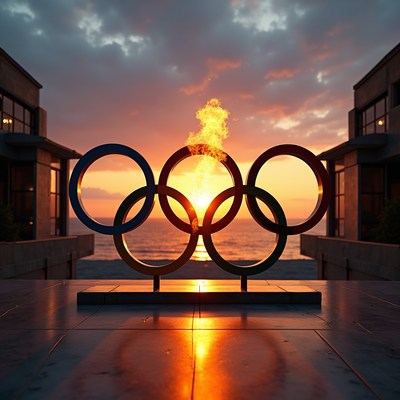 Olympic Rings with Flame at Sunset