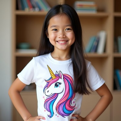 Asian girl in unicorn t-shirt smiling