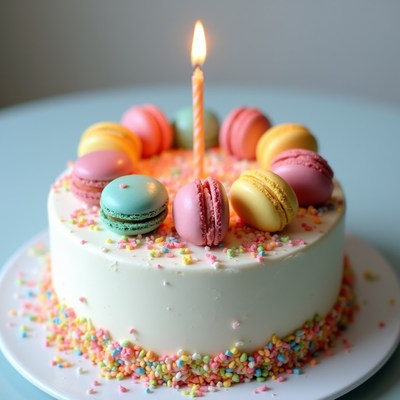 Birthday cake with macarons and candle