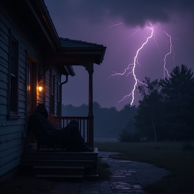 Hooded Figure on Porch During Lightning Storm