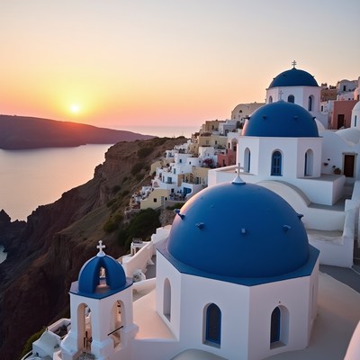 Santorini Blue Domes at Sunset