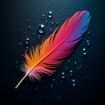 Colorful Feather with Water Droplets