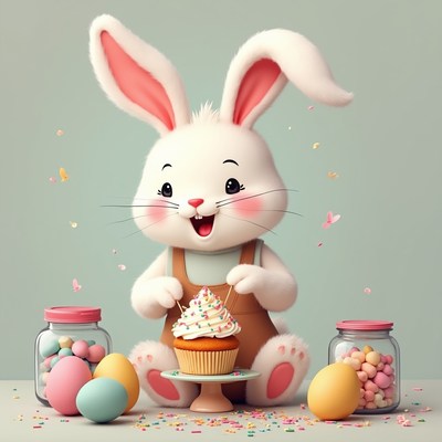 Cute bunny with cupcake and Easter eggs