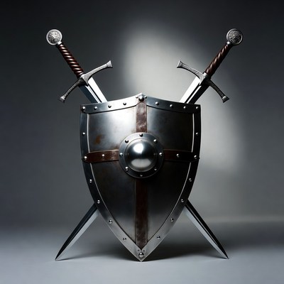Crossed Swords Behind Medieval Shield