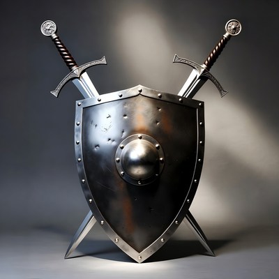 Crossed Swords Behind Medieval Shield