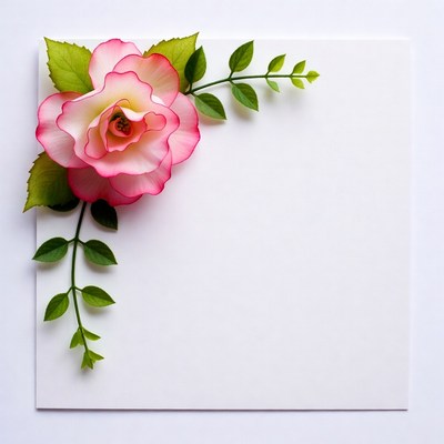 Pink Rose with Leaves on White Background