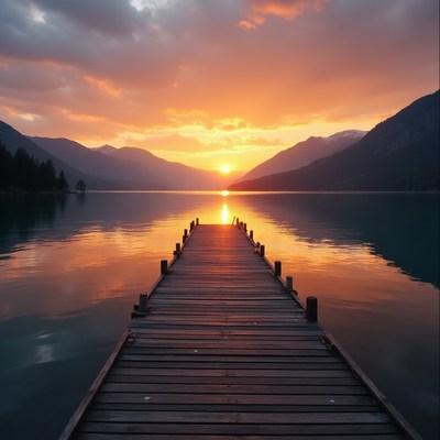Wooden Pier into Sunset Lake