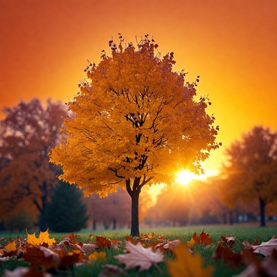 Vibrant Autumn Maple Tree at Sunset