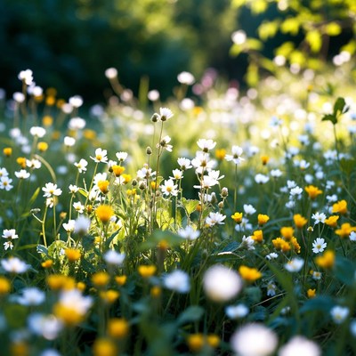 White and Yellow Wildflowers in Sunlit Meadow