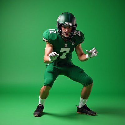 Football player in green uniform posing