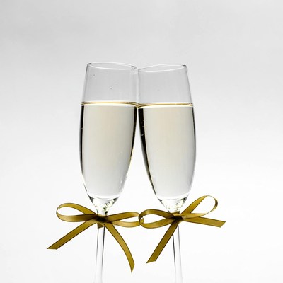 Two Champagne Glasses with Gold Ribbons