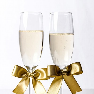 Two Champagne Glasses with Gold Bows