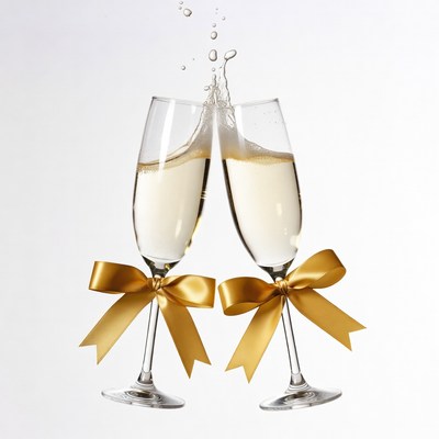 Clinking Champagne Glasses with Gold Ribbons