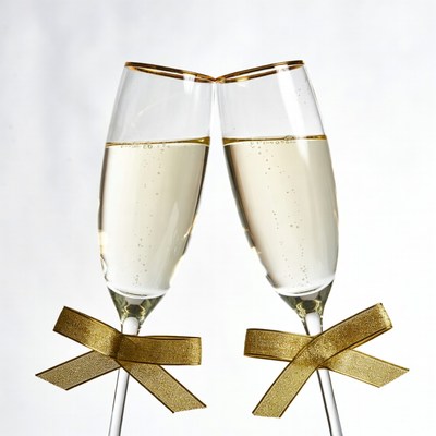 Clinking Champagne Glasses with Gold Bows