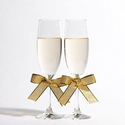 Two Champagne Glasses with Gold Bows