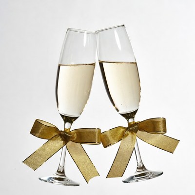Clinking Champagne Glasses with Gold Bows
