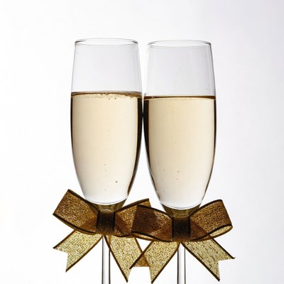 Two Champagne Glasses with Gold Bow