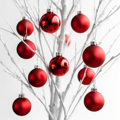 Red Ornaments on White Christmas Tree