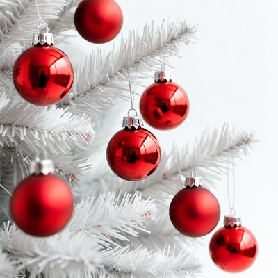 Red ornaments on white Christmas tree