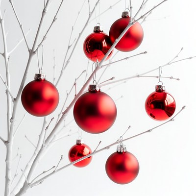 Red Christmas Baubles on White Branches