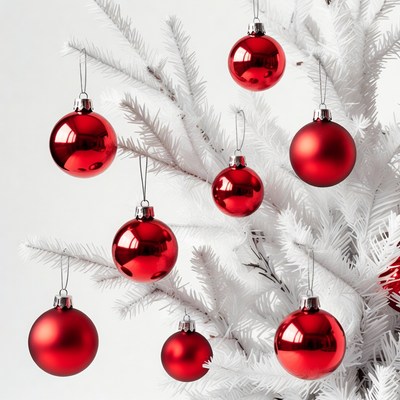 Red Christmas ornaments on white tree
