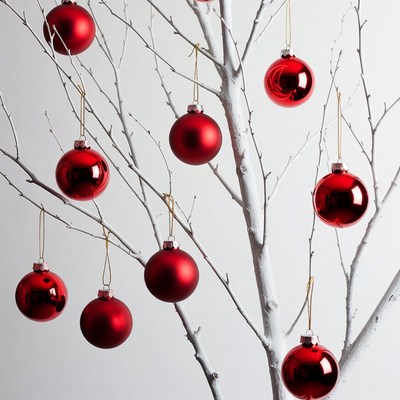 Red Christmas baubles on white branches