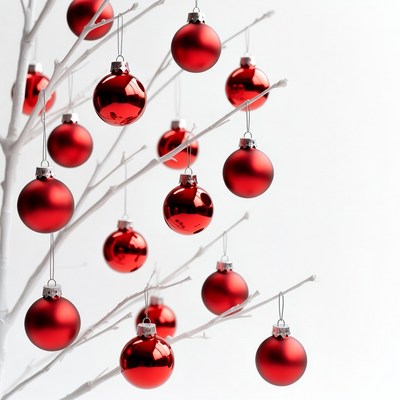 Red Christmas Ornaments on White Branches