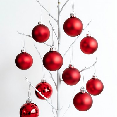White tree with red Christmas ornaments