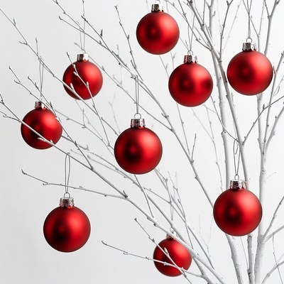 Red Christmas ornaments on white branches