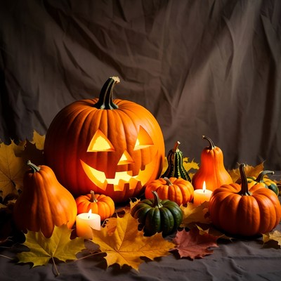 Jack-o'-lantern with pumpkins and candles