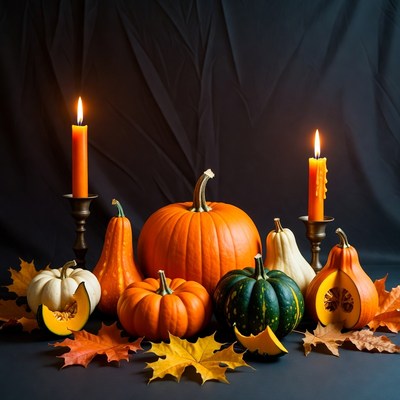 Pumpkins and Candles on Black Background