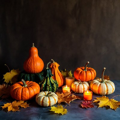 Assortment of pumpkins and candles