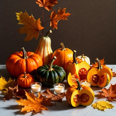 Autumn Pumpkins with Candles and Leaves
