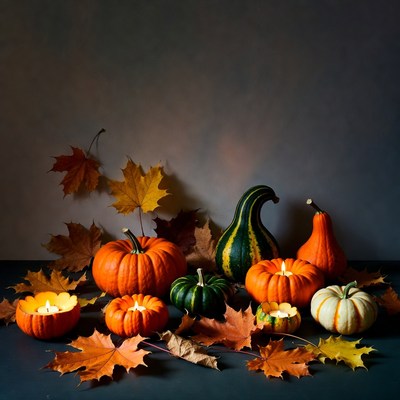 Autumn Pumpkins with Candles and Leaves