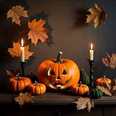 Jack-o'-lantern with Candles and Autumn Leaves