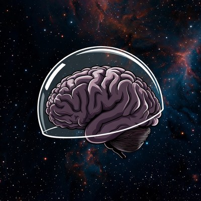 Brain in Glass Dome with Nebula Background