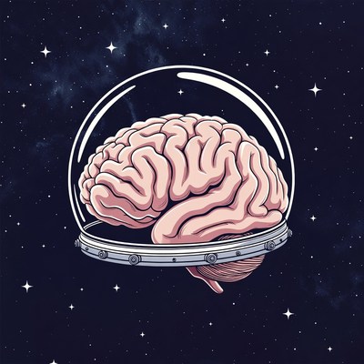 Brain in astronaut helmet floating in space