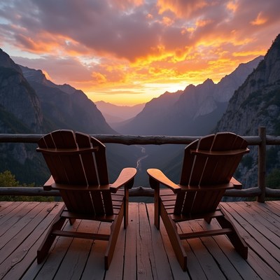 Two Adirondack Chairs Overlooking Sunset Mountains