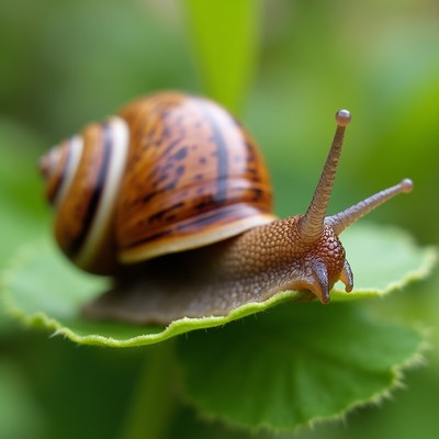 Snail on green leaf