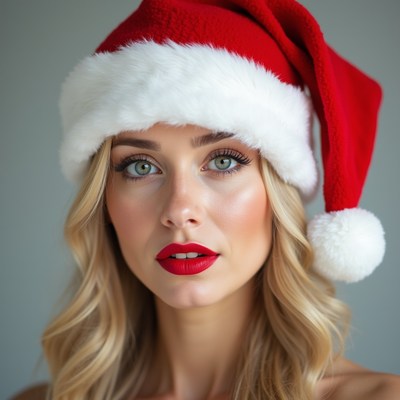 Blonde woman wearing Santa hat