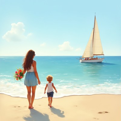 Mother and Toddler Watching Sailboat Beach