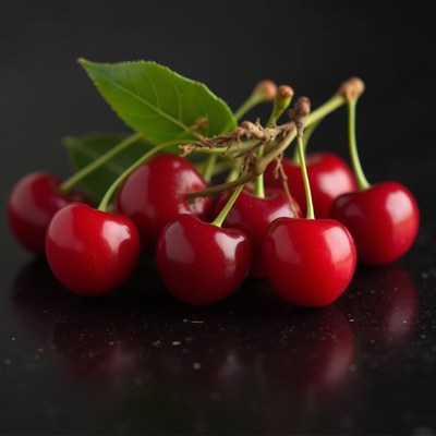 Fresh red cherries with leaves