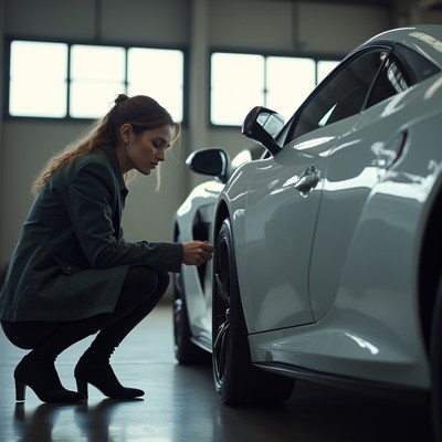 Woman inspecting white sports car tire
