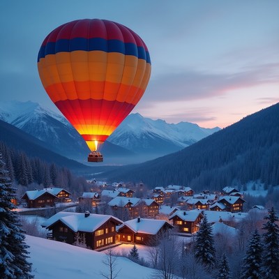 Hot Air Balloon Over Snowy Mountain Village