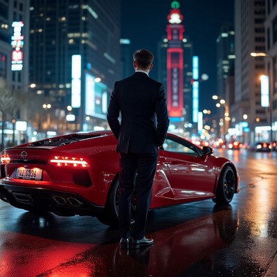 Man in Suit by Red Lamborghini Night City