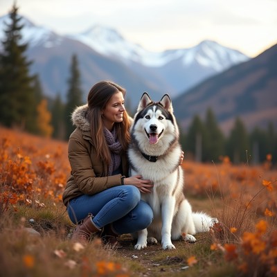 Woman hugging Husky in autumn mountains