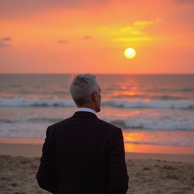 Man in suit watching beach sunset