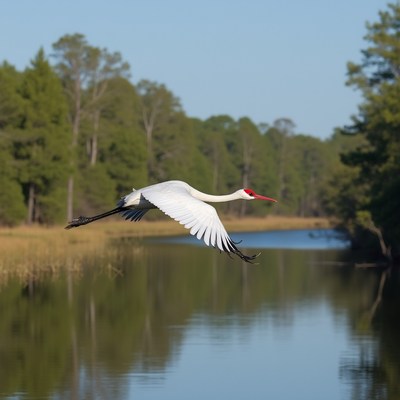 Red-crowned crane flying over river