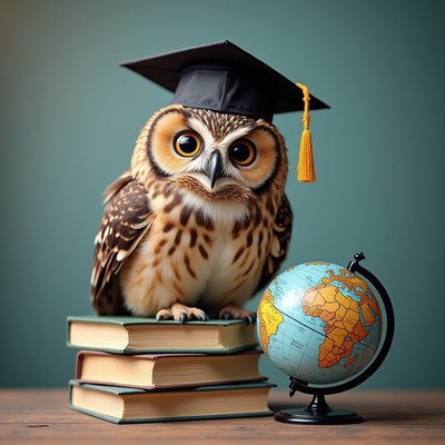 Owl wearing graduation cap with globe